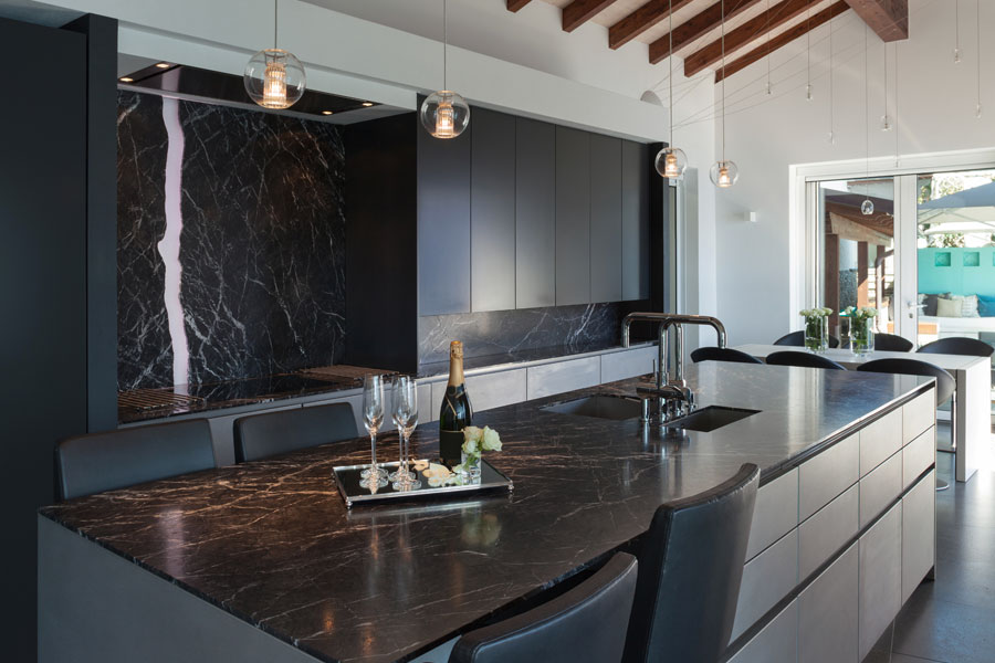 Commercial bar counter with stone waterfall edge