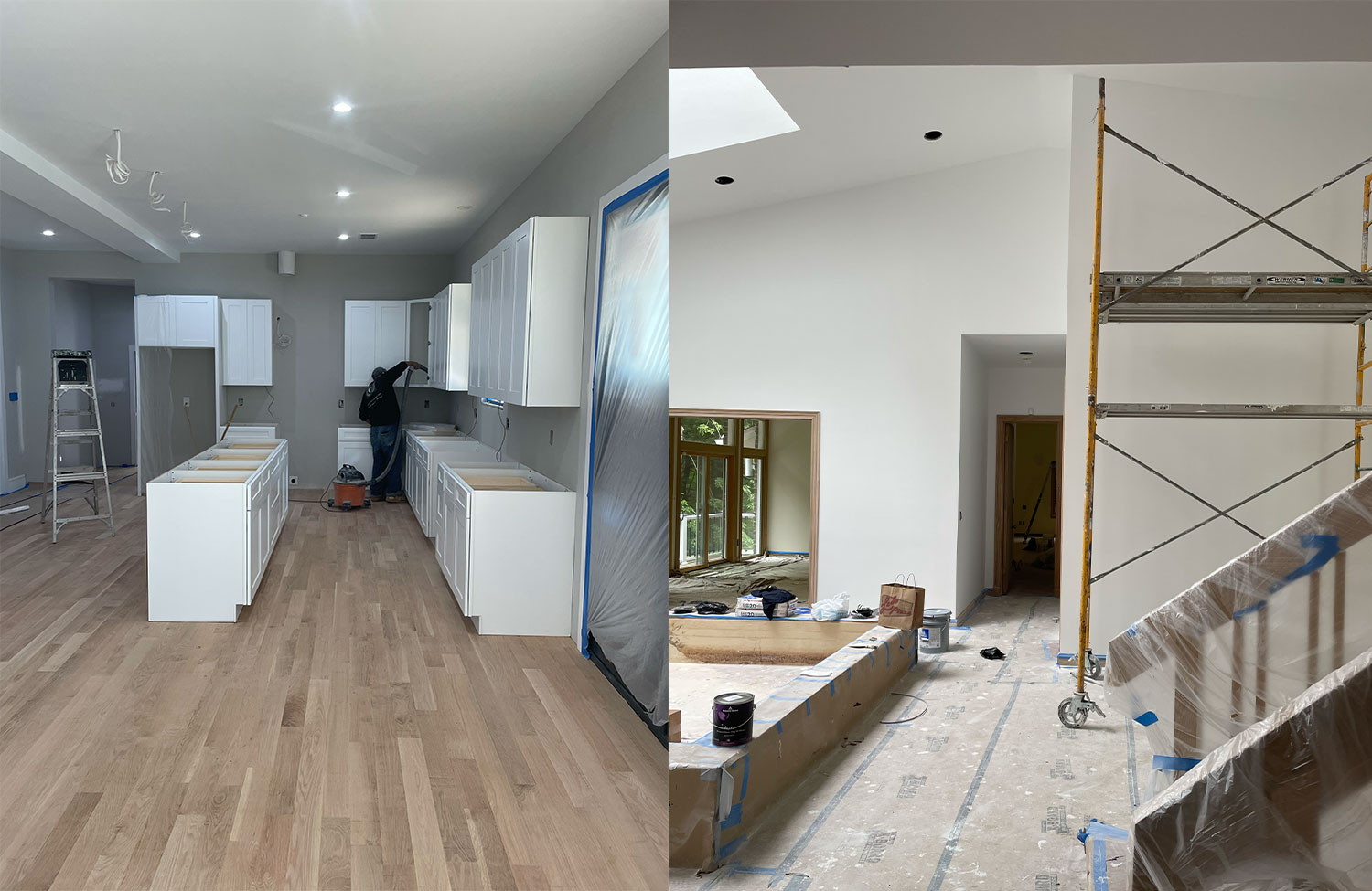 Interior of a new home during finishing with fresh flooring and drywall