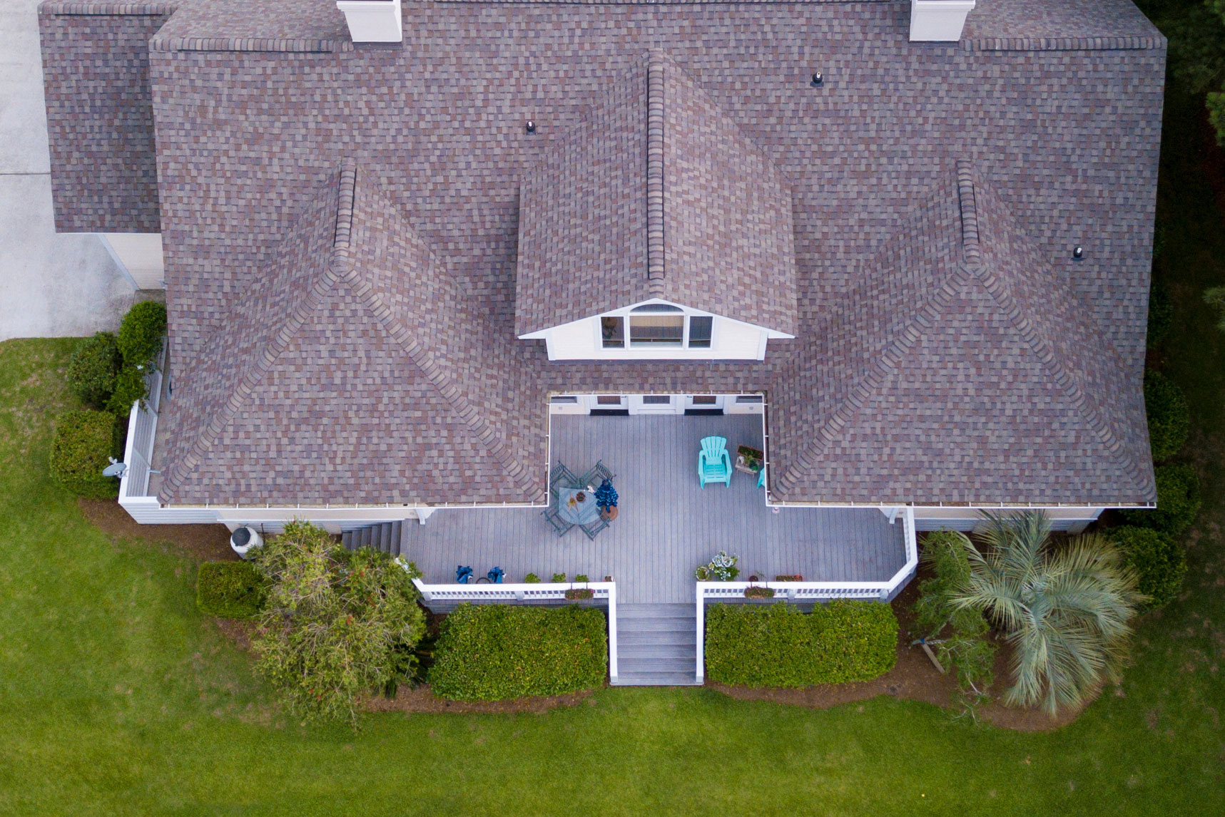 Aerial view of a completed residential roof replacement