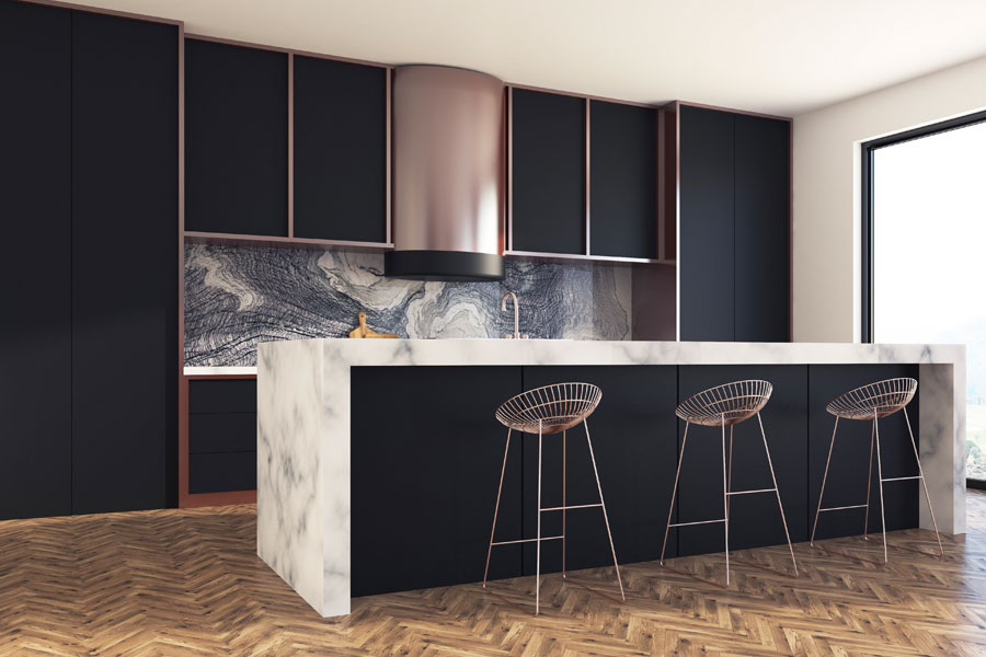 Commercial interior with dark cabinetry, stone island and bar seating